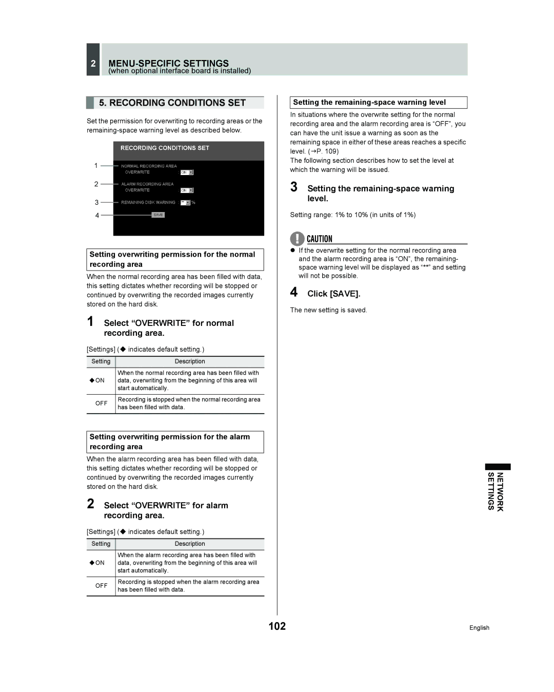 Sanyo DSR - 300 manual 102, Select Overwrite for normal recording area, Select Overwrite for alarm recording area 