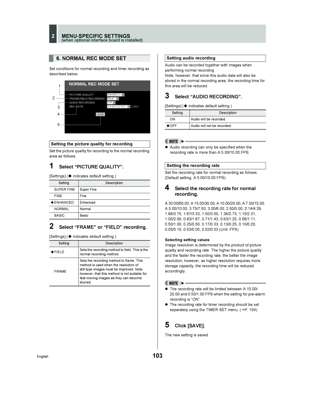 Sanyo DSR - 300 manual 103, Normal REC Mode SET 