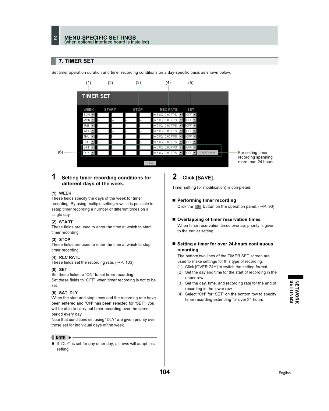 Sanyo DSR - 300 manual 104, „ Performing timer recording, „ Overlapping of timer reservation times, Sat, Dly 