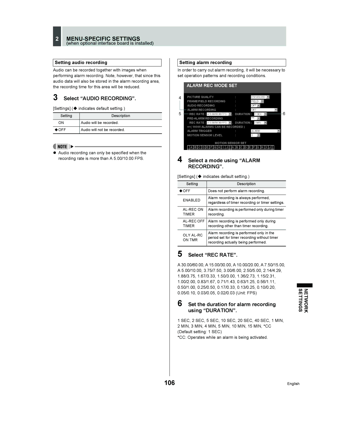 Sanyo DSR - 300 manual 106, Select a mode using Alarm Recording, Select REC Rate, Using Duration 