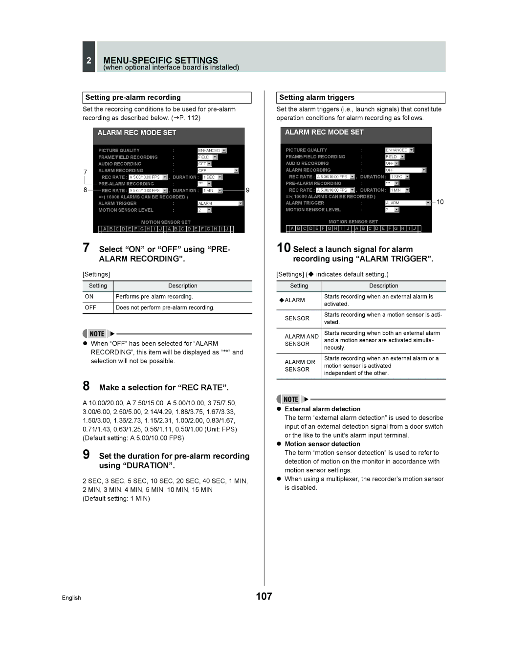 Sanyo DSR - 300 manual 107, Select on or OFF using PRE, Make a selection for REC Rate 