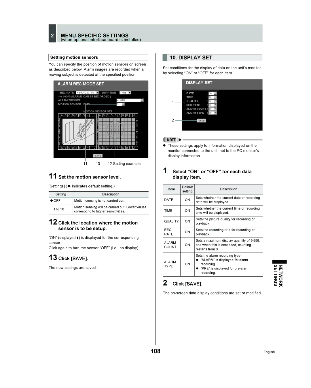 Sanyo DSR - 300 108, Display SET, Set the motion sensor level, Click the location where the motion sensor is to be setup 