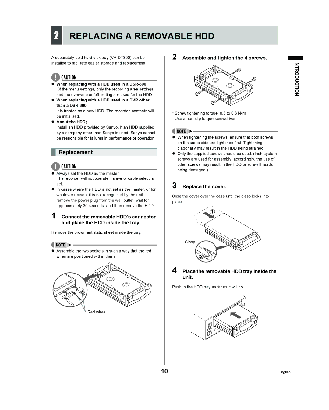 Sanyo DSR - 300 manual Replacing a Removable HDD, Replacement, Assemble and tighten the 4 screws, Replace the cover 