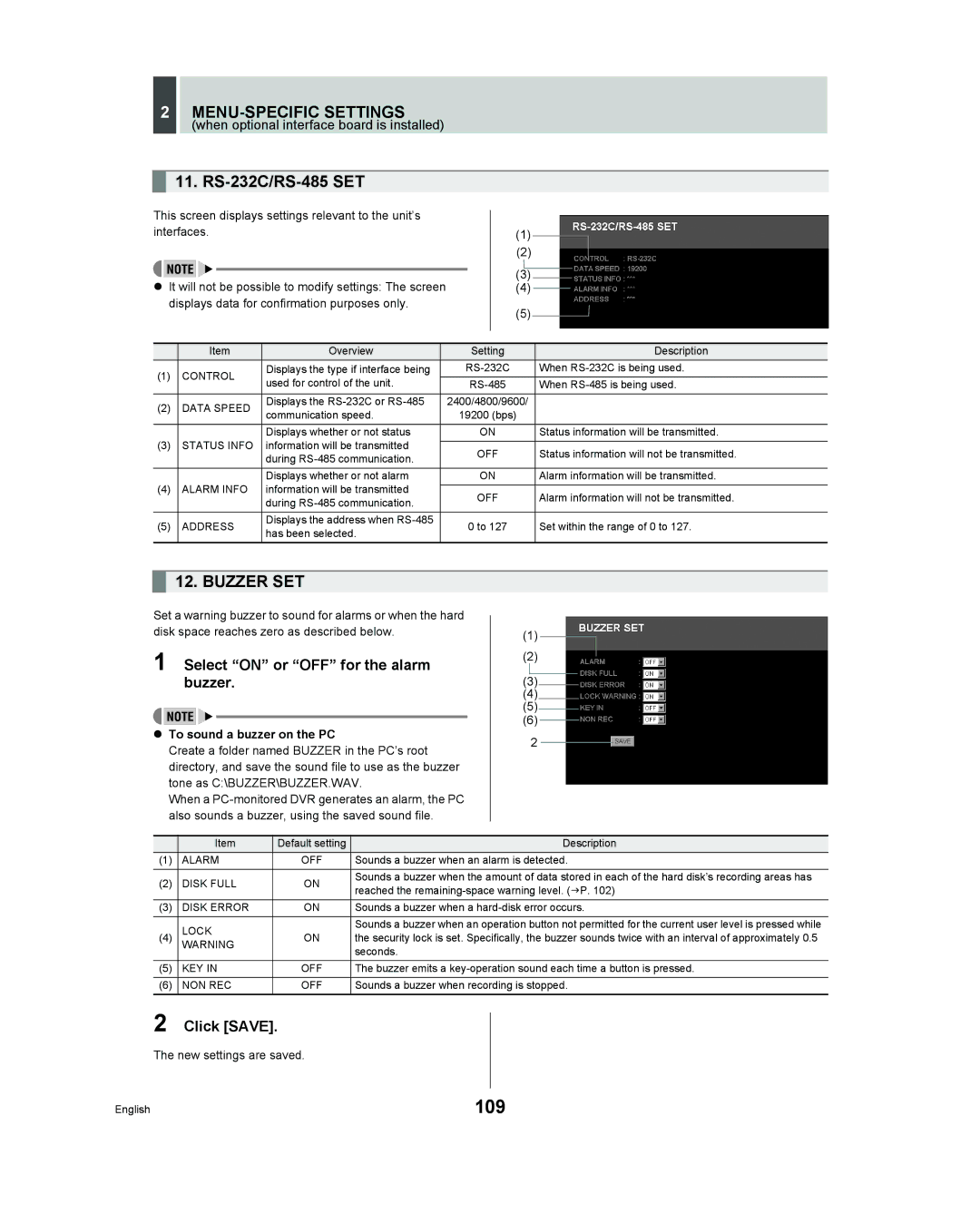 Sanyo DSR - 300 manual 109, Buzzer SET, Select on or OFF for the alarm buzzer, To sound a buzzer on the PC 