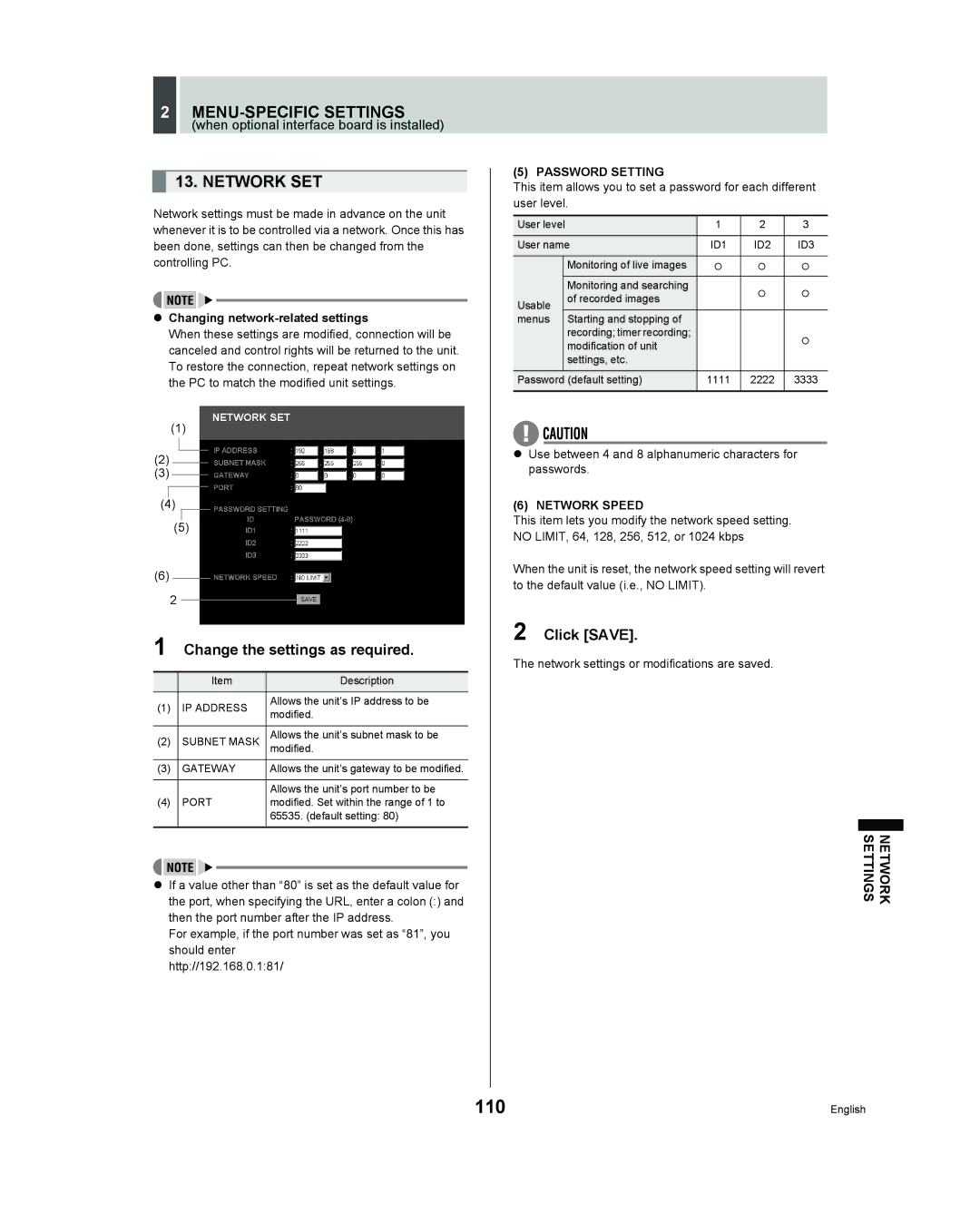 Sanyo DSR - 300 110, Change the settings as required, Changing network-related settings, Password Setting, Network Speed 