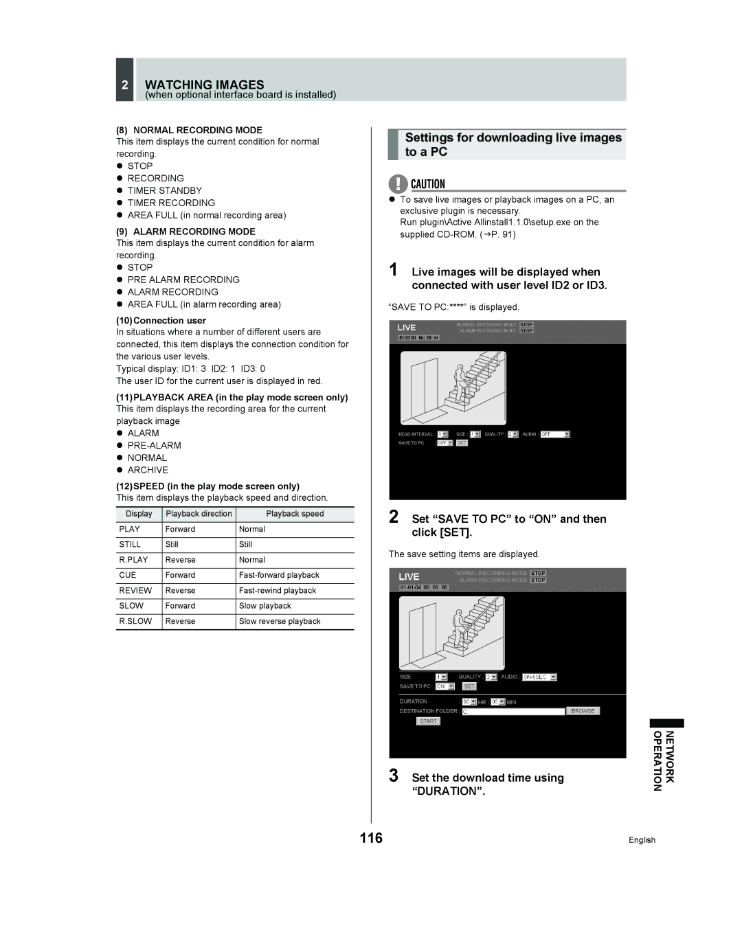 Sanyo DSR - 300 manual 116, Settings for downloading live images to a PC, Set Save to PC to on and then click SET 