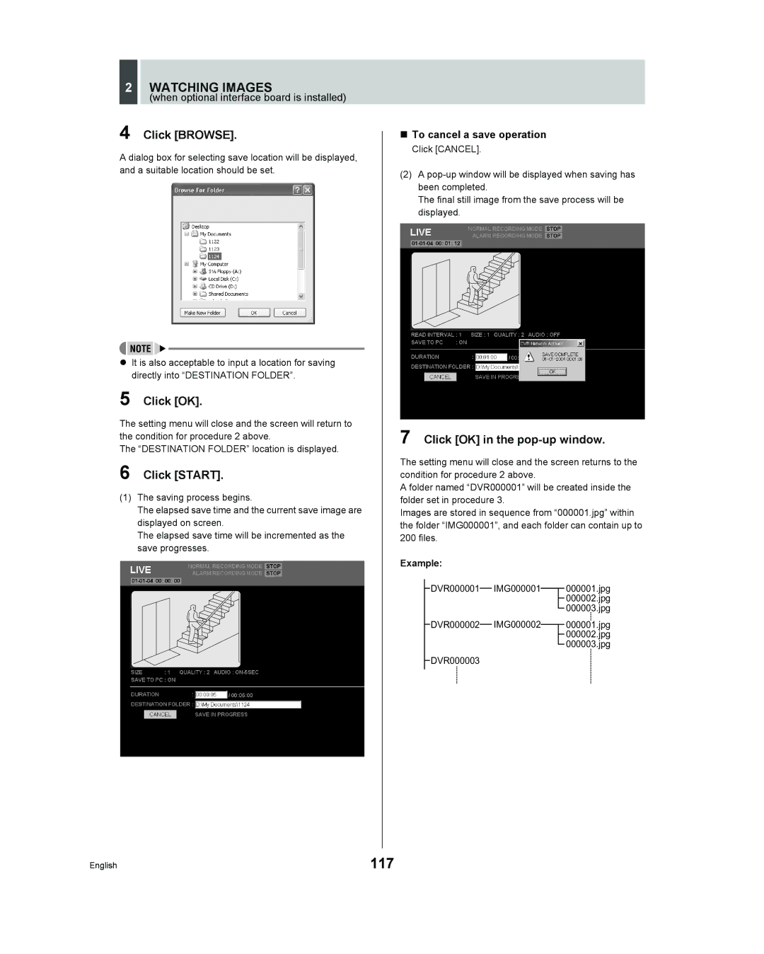 Sanyo DSR - 300 manual 117, Click Browse, Click Start, Click OK in the pop-up window, „ To cancel a save operation 