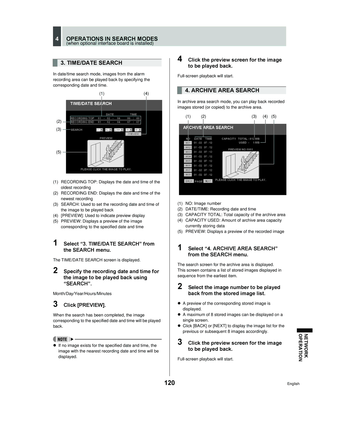 Sanyo DSR - 300 manual 120, Operations in Search Modes, Select 3. TIME/DATE Search from the Search menu, Click Preview 