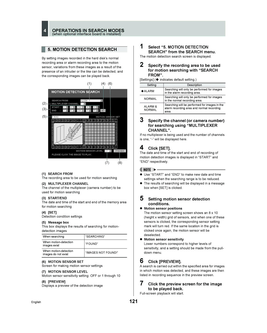 Sanyo DSR - 300 121, Select 5. Motion Detection Search from the Search menu, Setting motion sensor detection conditions 