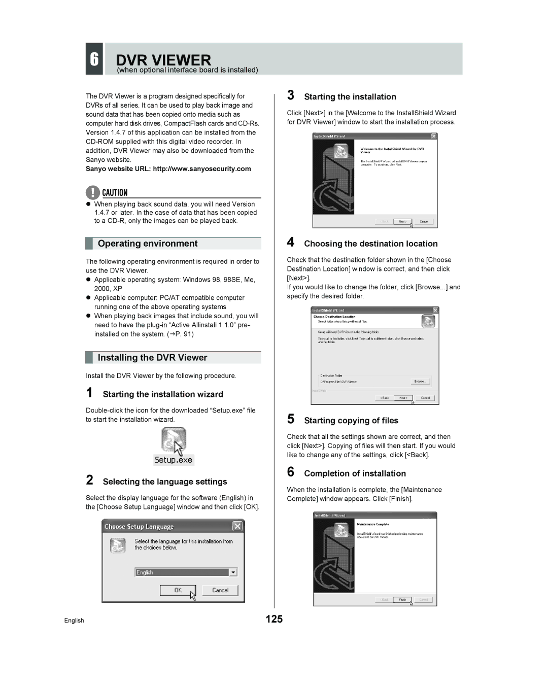 Sanyo DSR - 300 manual 125, Operating environment, Installing the DVR Viewer 