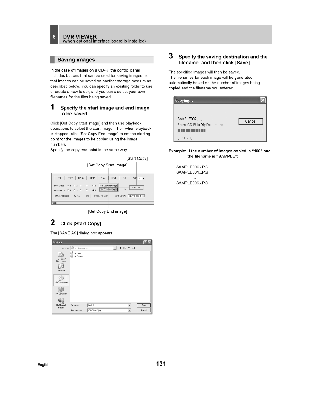 Sanyo DSR - 300 manual 131, Saving images, Specify the start image and end image to be saved, Click Start Copy 