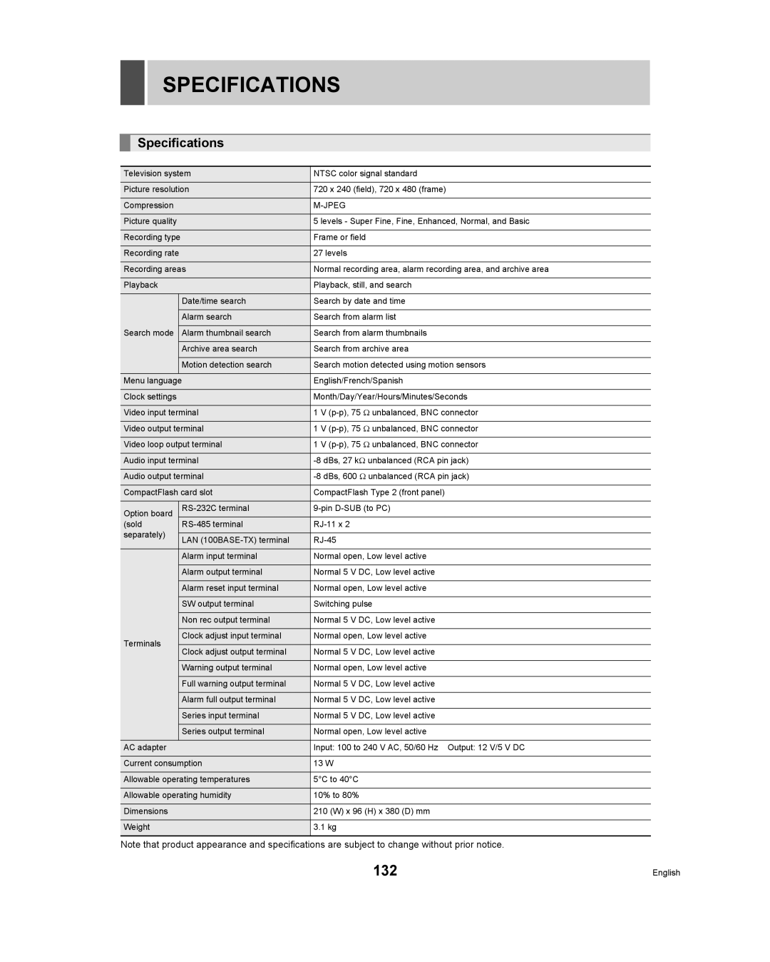 Sanyo DSR - 300 manual Specifications, 132, Jpeg 