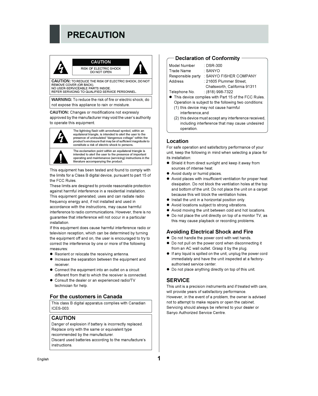 Sanyo DSR - 300 manual Precaution, Service 