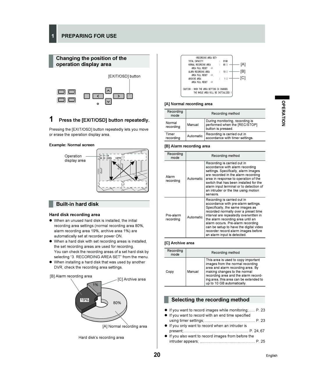 Sanyo DSR - 300 manual Preparing for USE, Changing the position of the operation display area, Built-in hard disk 