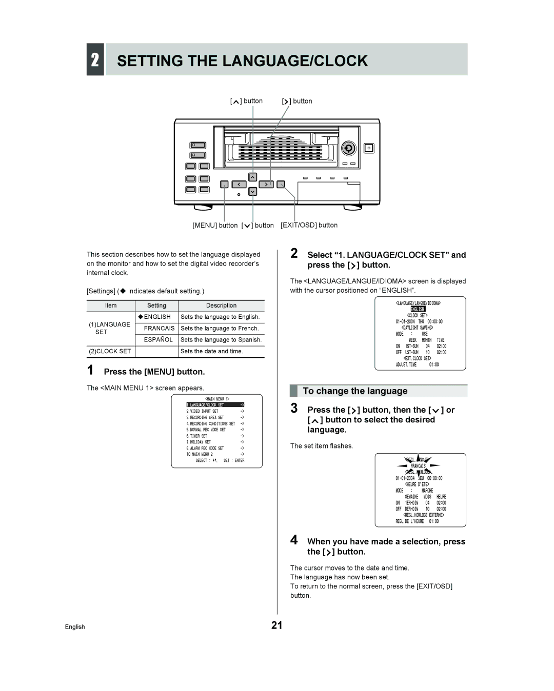 Sanyo DSR - 300 manual Setting the LANGUAGE/CLOCK, To change the language, Press the Menu button 