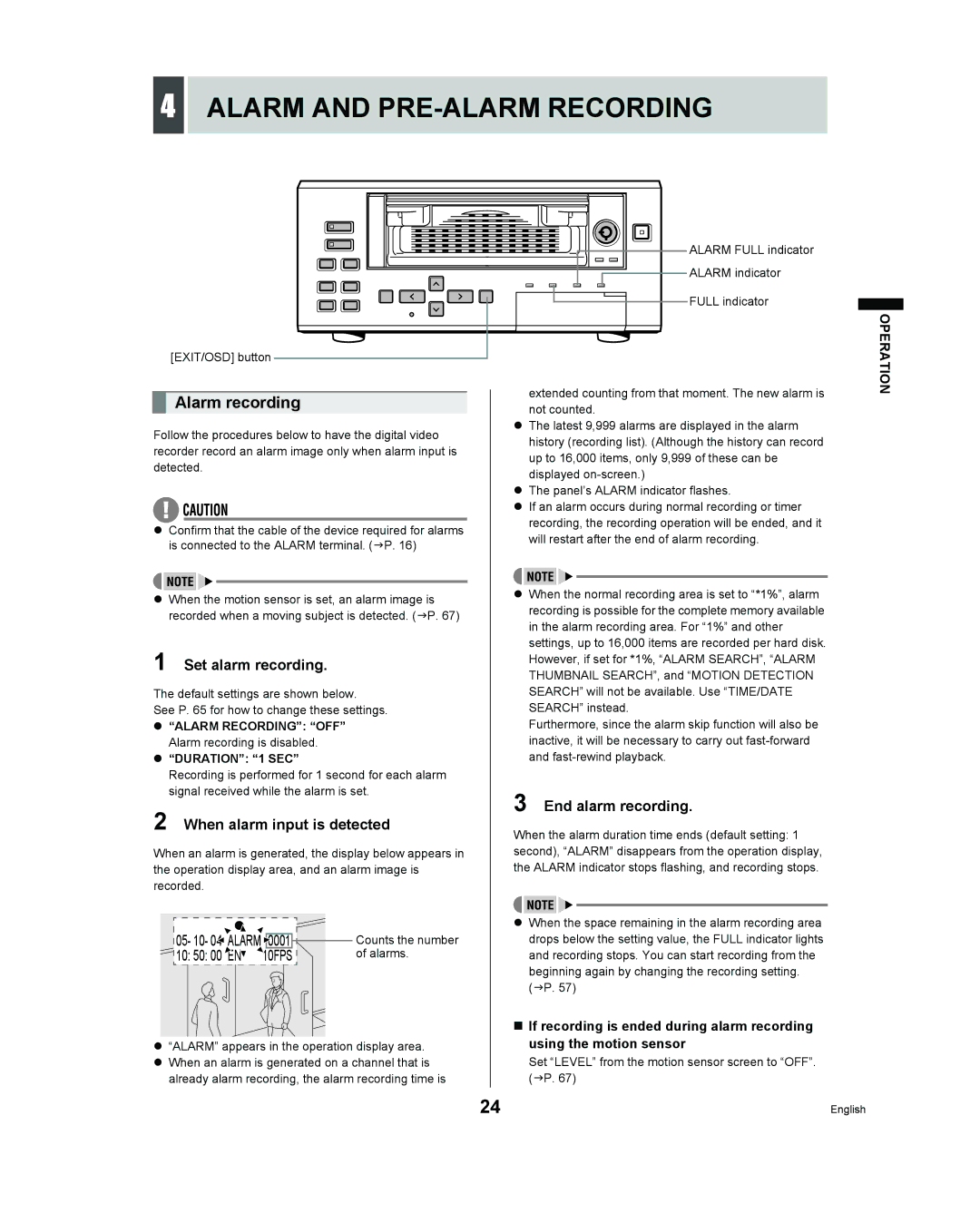 Sanyo DSR - 300 manual Alarm and PRE-ALARM Recording, Alarm recording, Set alarm recording, When alarm input is detected 