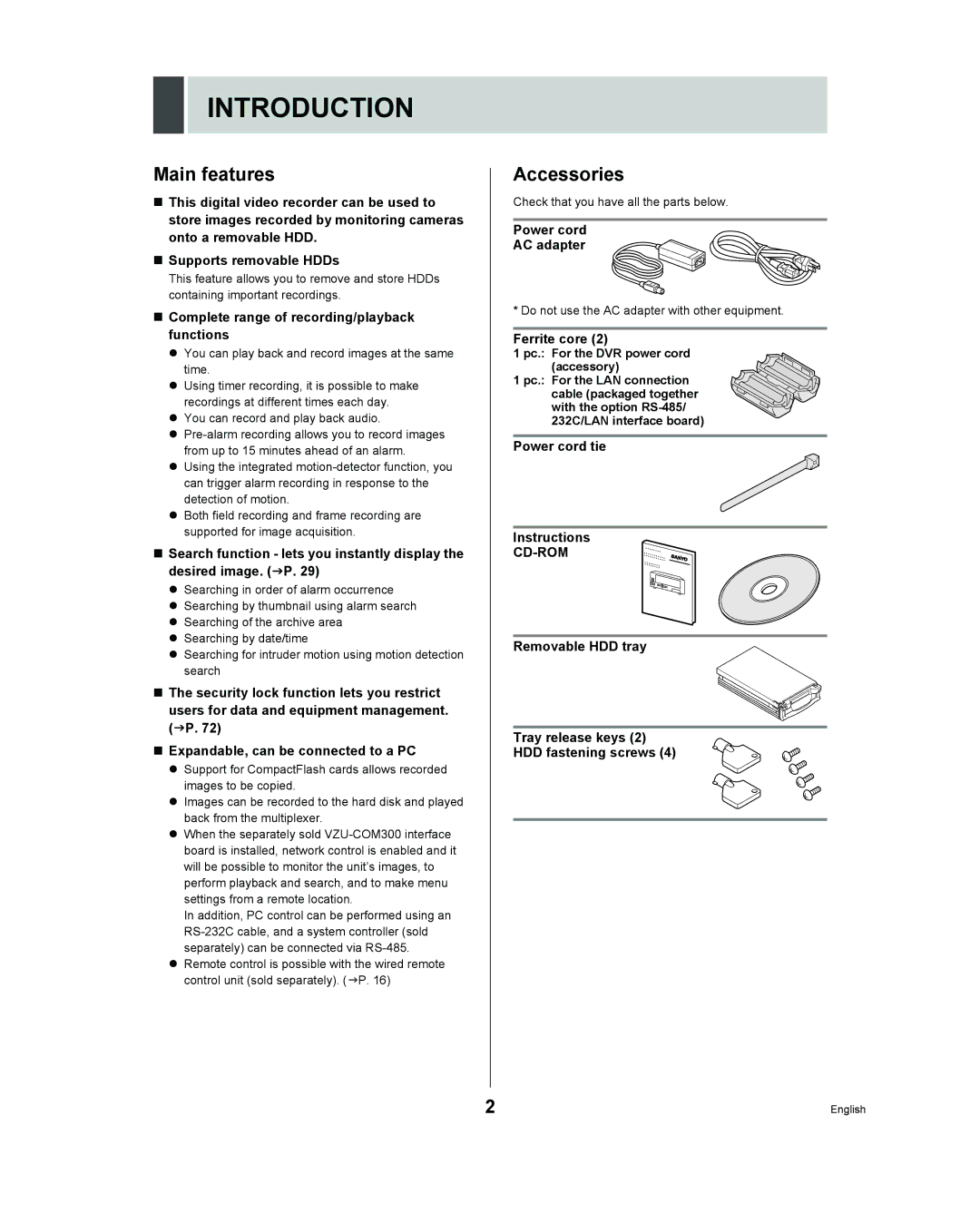 Sanyo DSR - 300 manual Introduction, Main features, Accessories 