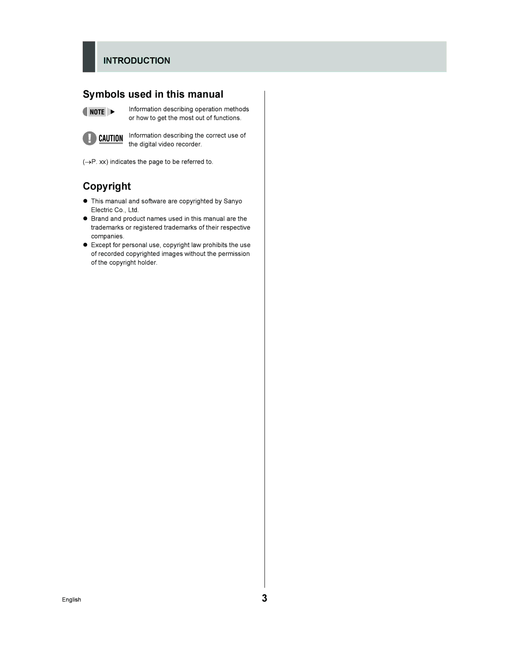 Sanyo DSR - 300 Symbols used in this manual, Copyright, Introduction 