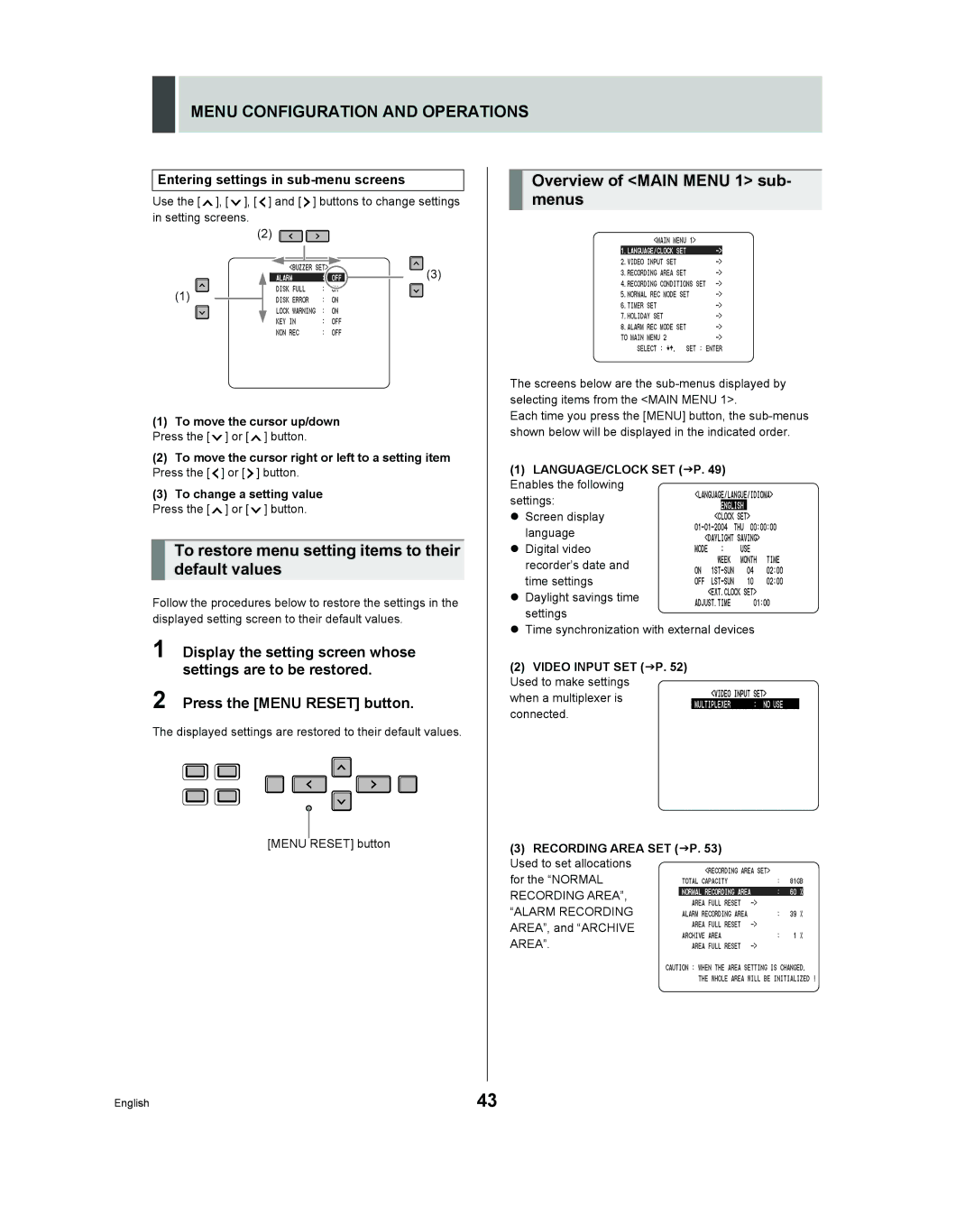 Sanyo DSR - 300 manual Menu Configuration and Operations, Overview of Main Menu 1 sub, Menus, Default values 