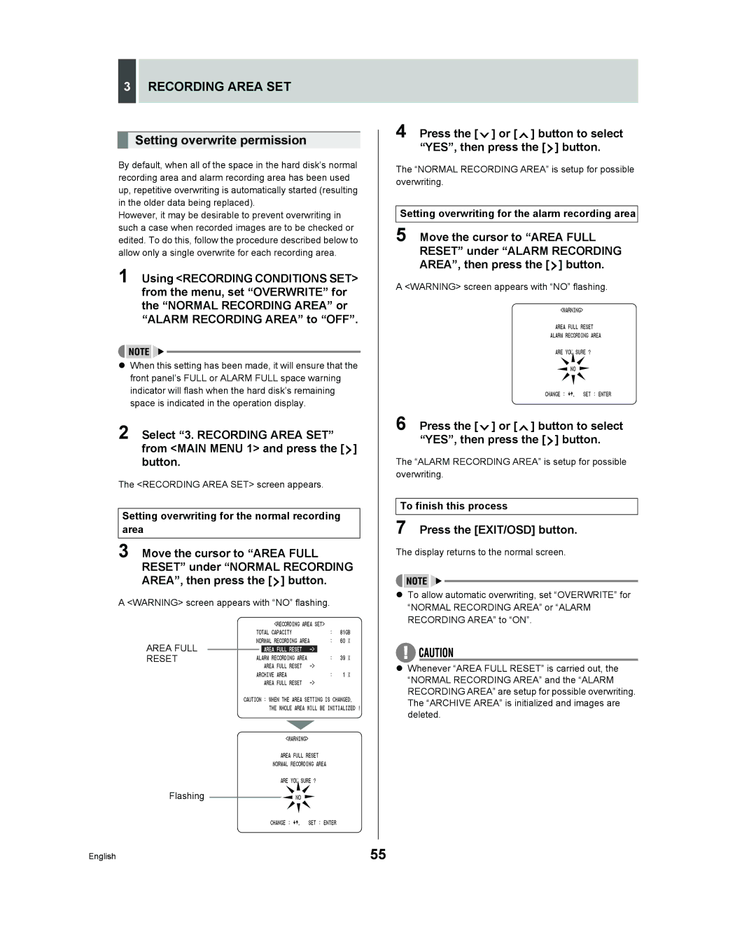 Sanyo DSR - 300 Setting overwrite permission, Setting overwriting for the normal recording area, To finish this process 