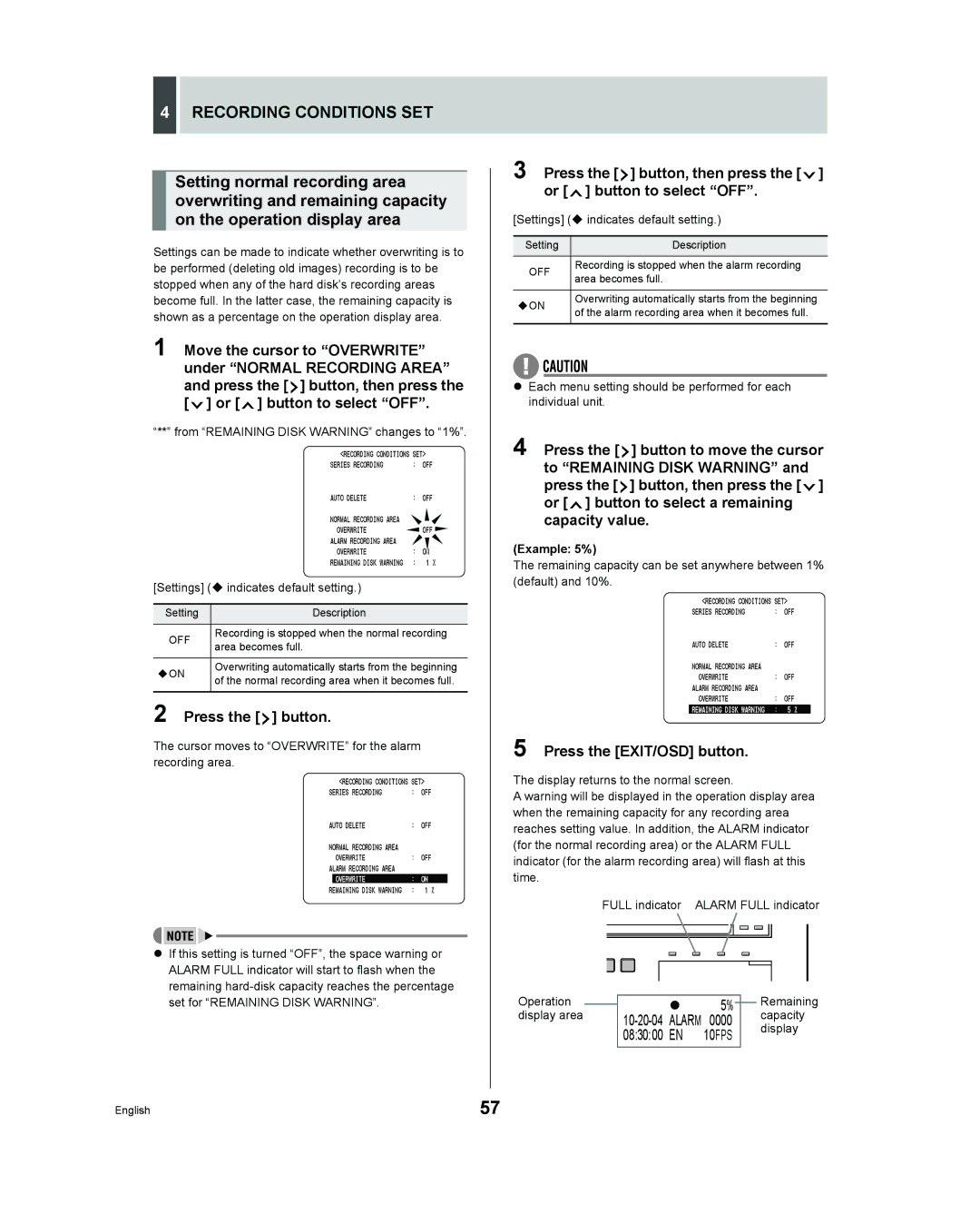 Sanyo DSR - 300 Recording Conditions SET, Press the button, then press the or button to select OFF, Example 5%, Off, ‹On 