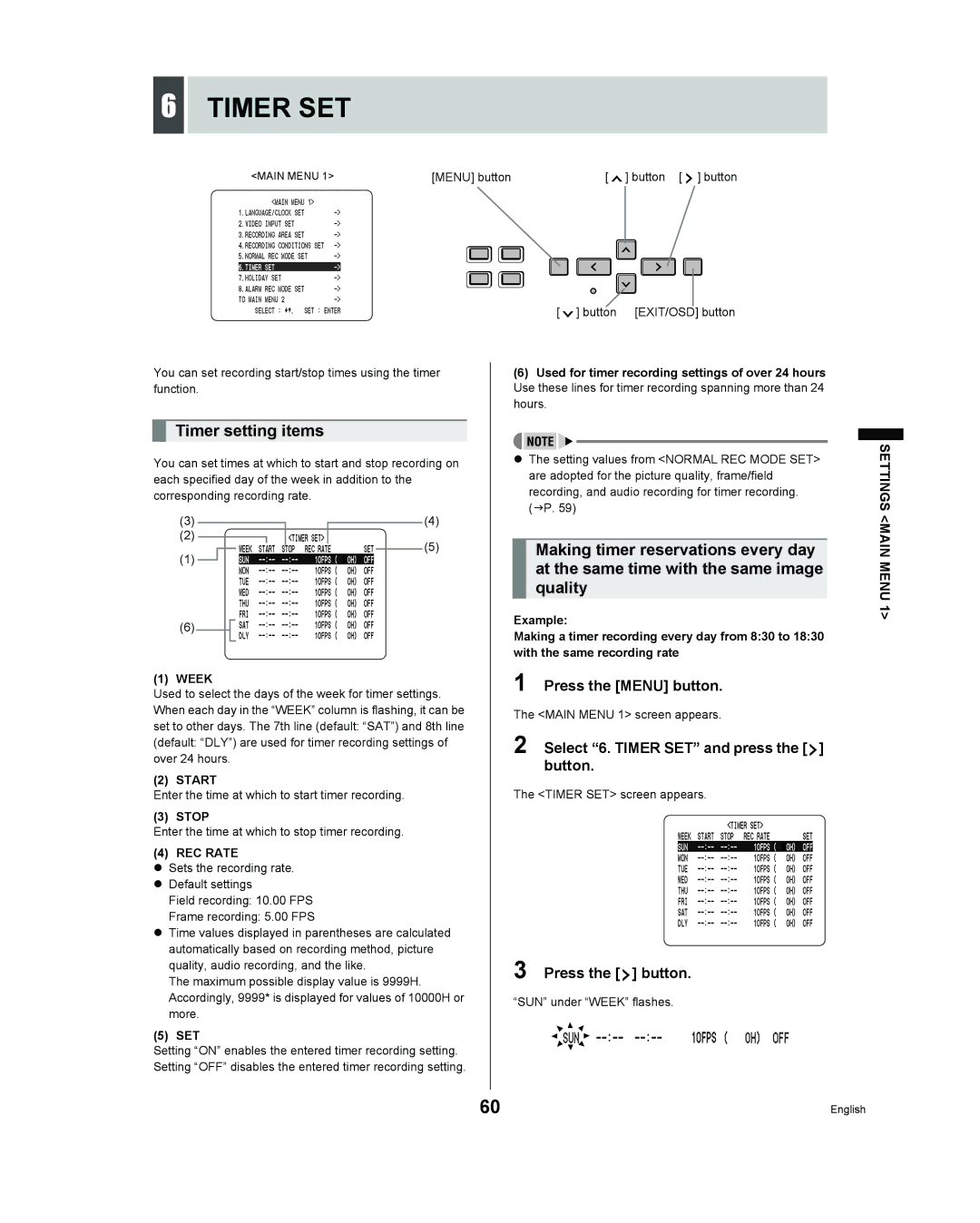 Sanyo DSR - 300 manual Timer setting items, Select 6. Timer SET and press the button, Start, REC Rate 