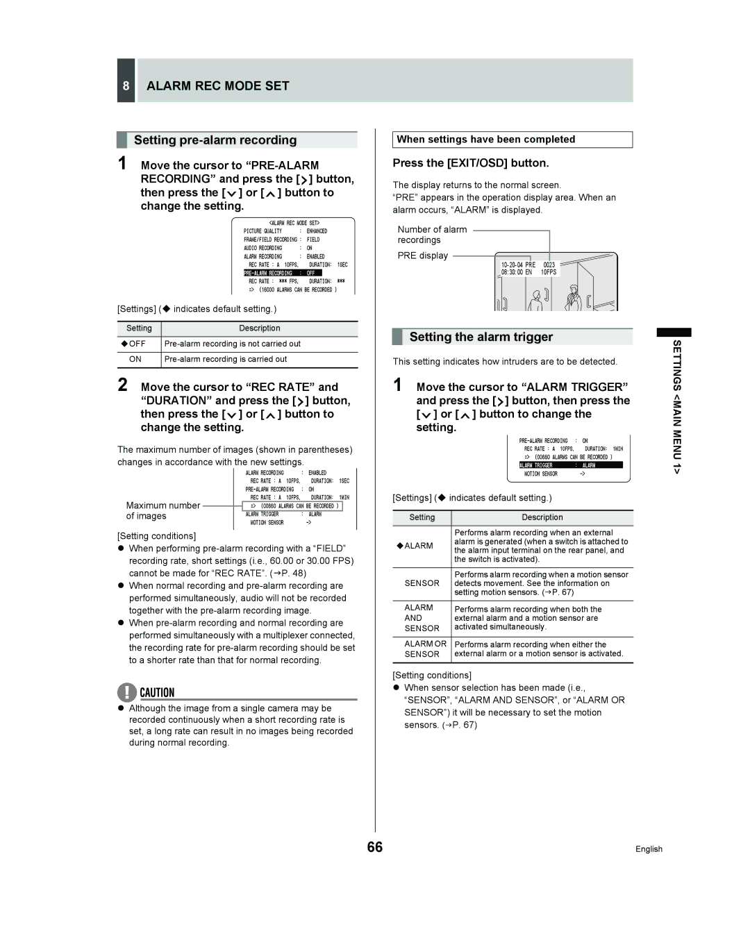 Sanyo DSR - 300 manual Setting pre-alarm recording, Setting the alarm trigger, When settings have been completed, Sensor 