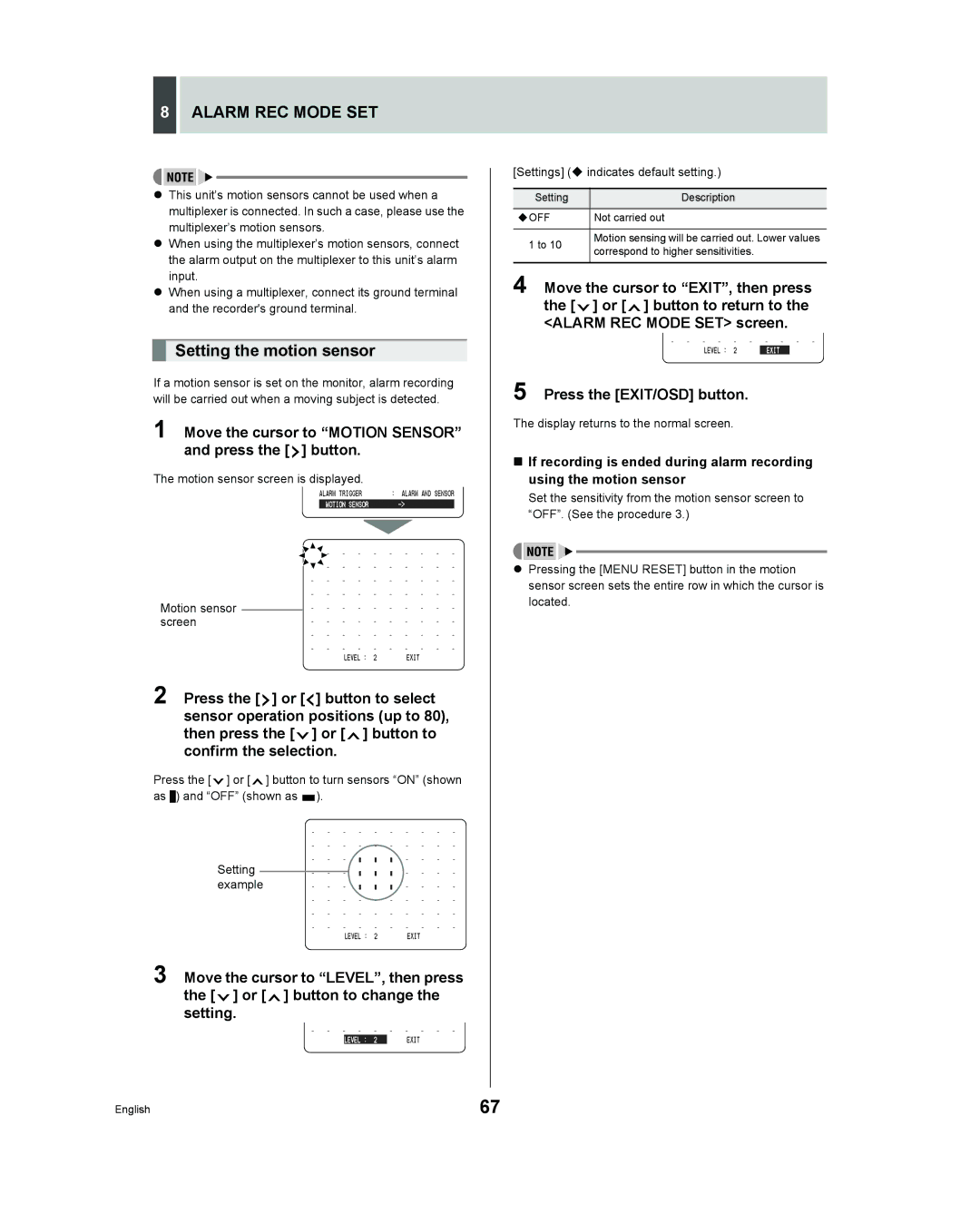 Sanyo DSR - 300 manual Setting the motion sensor, Move the cursor to Motion Sensor and press the button 