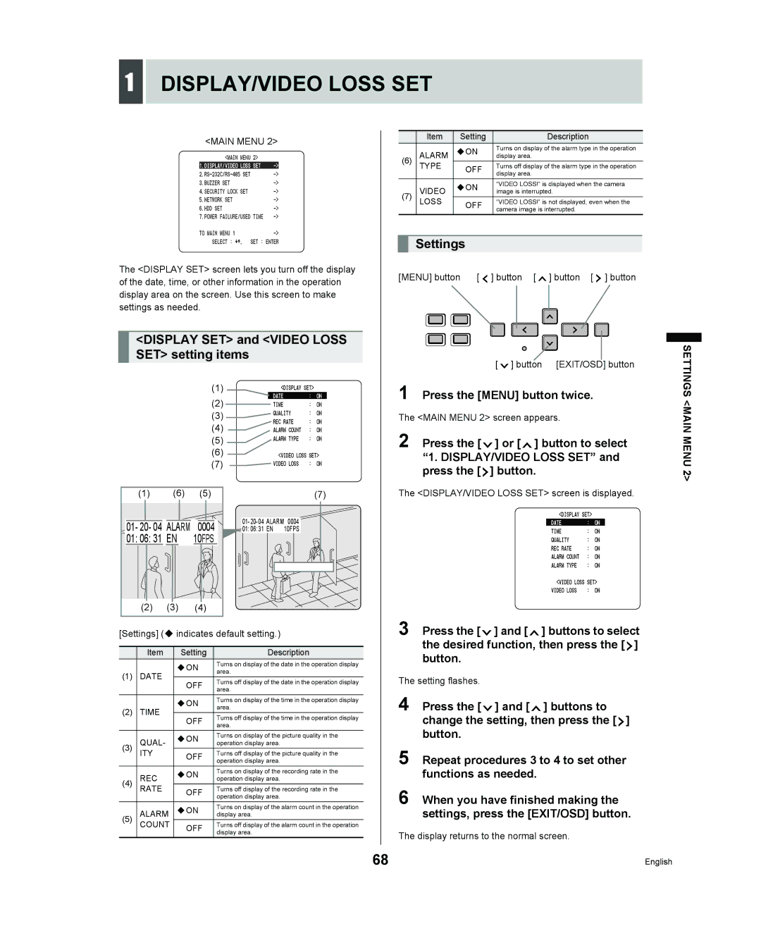 Sanyo DSR - 300 manual DISPLAY/VIDEO Loss SET, Display SET and Video Loss SET setting items, Settings 