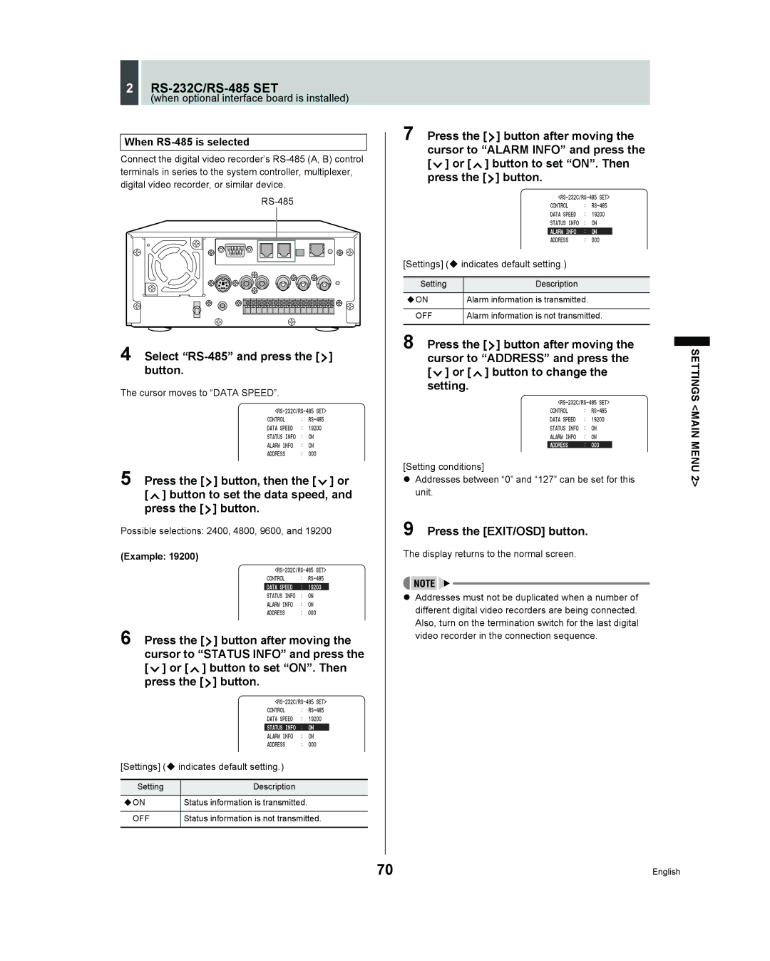 Sanyo DSR - 300 manual RS-232C/RS-485 SET, Select RS-485 and press the button, When RS-485 is selected 