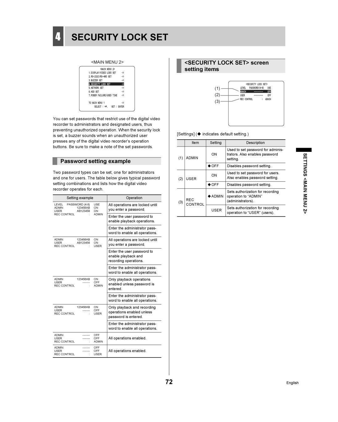Sanyo DSR - 300 manual Password setting example, Security Lock SET screen setting items 
