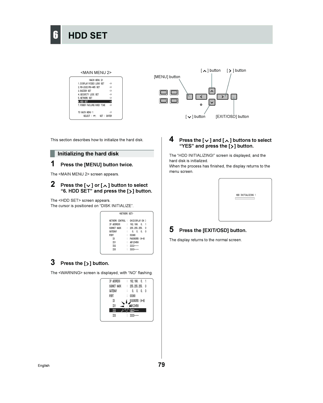 Sanyo DSR - 300 manual Hdd Set, Initializing the hard disk 