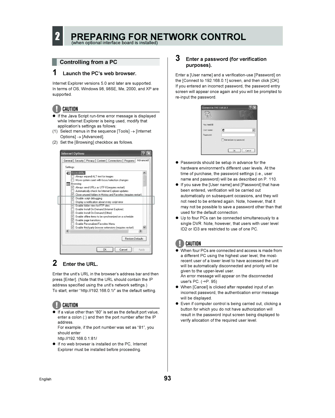 Sanyo DSR - 300 manual Preparing for Network Control, Controlling from a PC, Launch the PC’s web browser, Enter the URL 