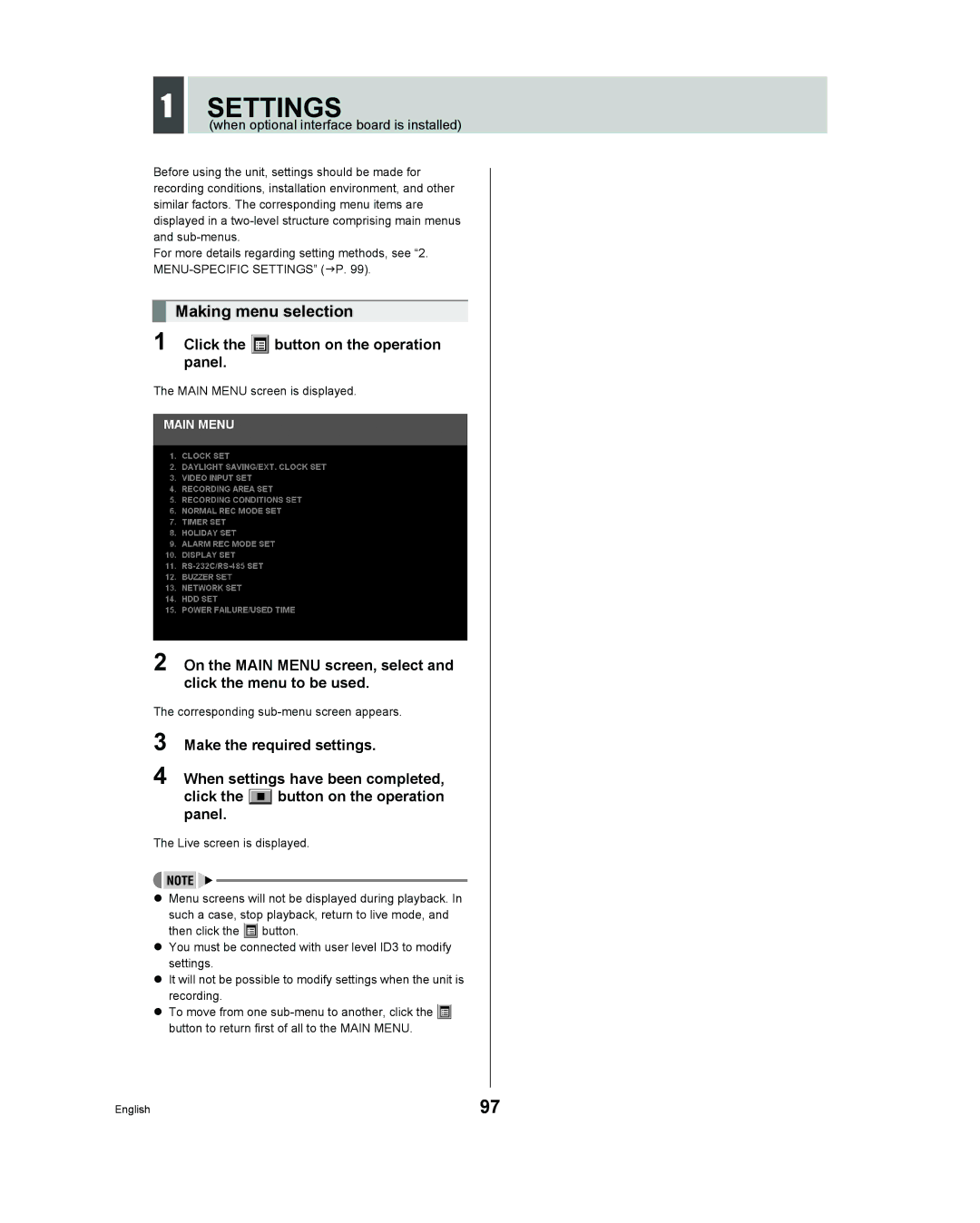 Sanyo DSR - 300 manual Settings, Making menu selection, Click the button on the operation panel 