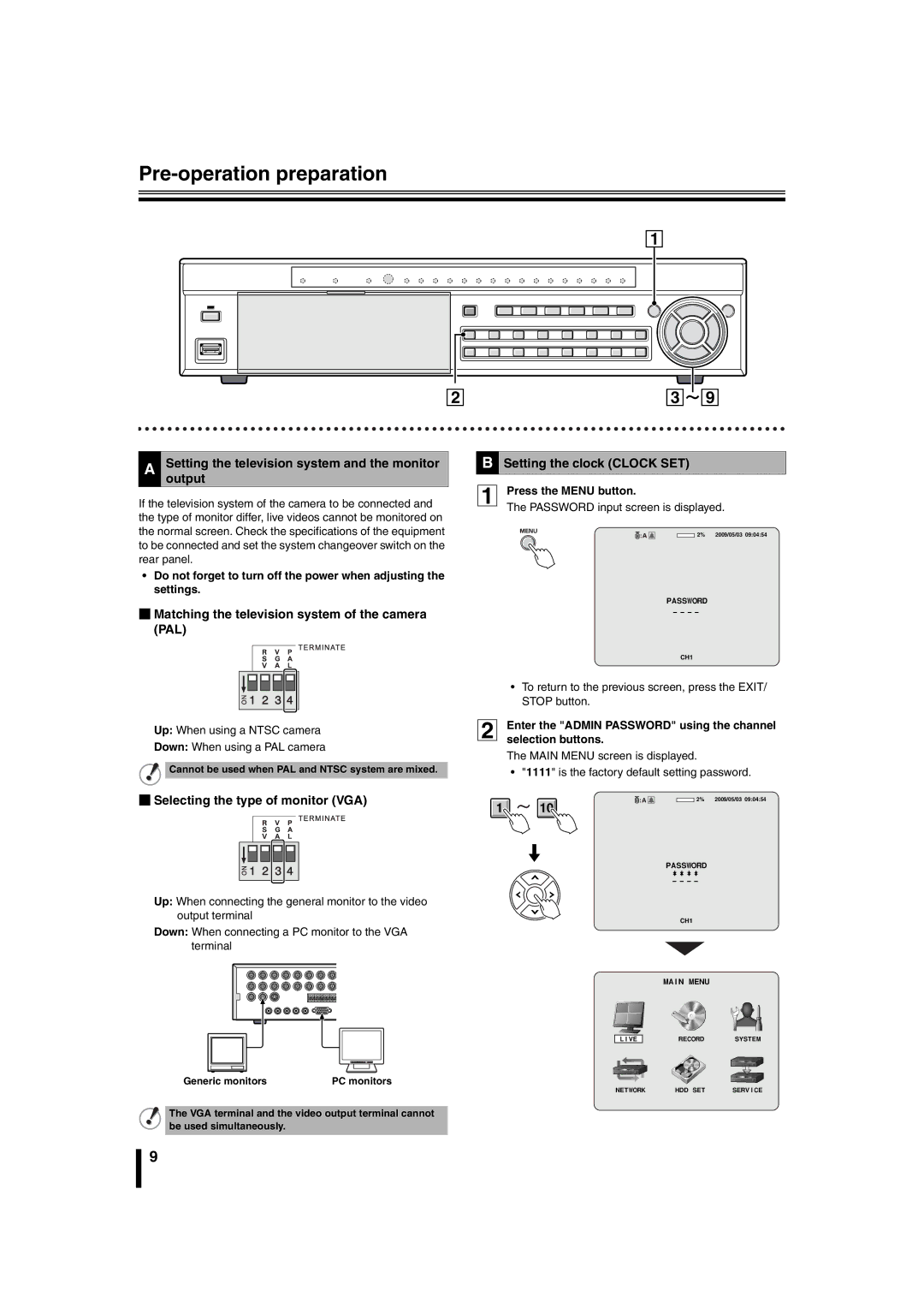 Sanyo DSR-2108 Pre-operation preparation, Settingoutput the television system and the monitor, Setting the clock Clock SET 