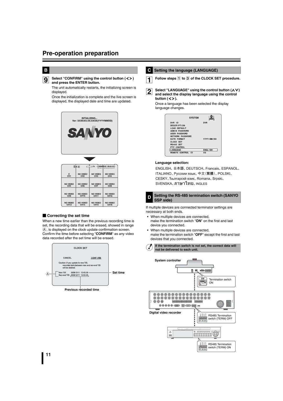 Sanyo DSR-2108 instruction manual BCorrecting the set time, Setting the language Language, Language selection 