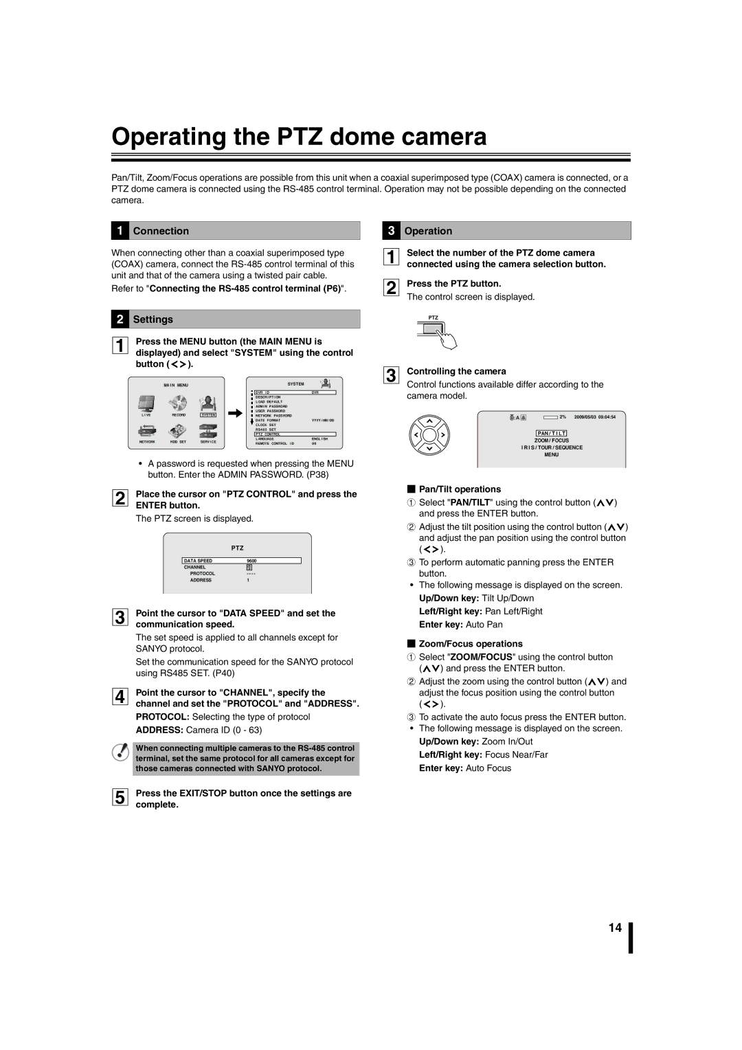 Sanyo DSR-2108 instruction manual Operating the PTZ dome camera, Connection Operation, Settings 