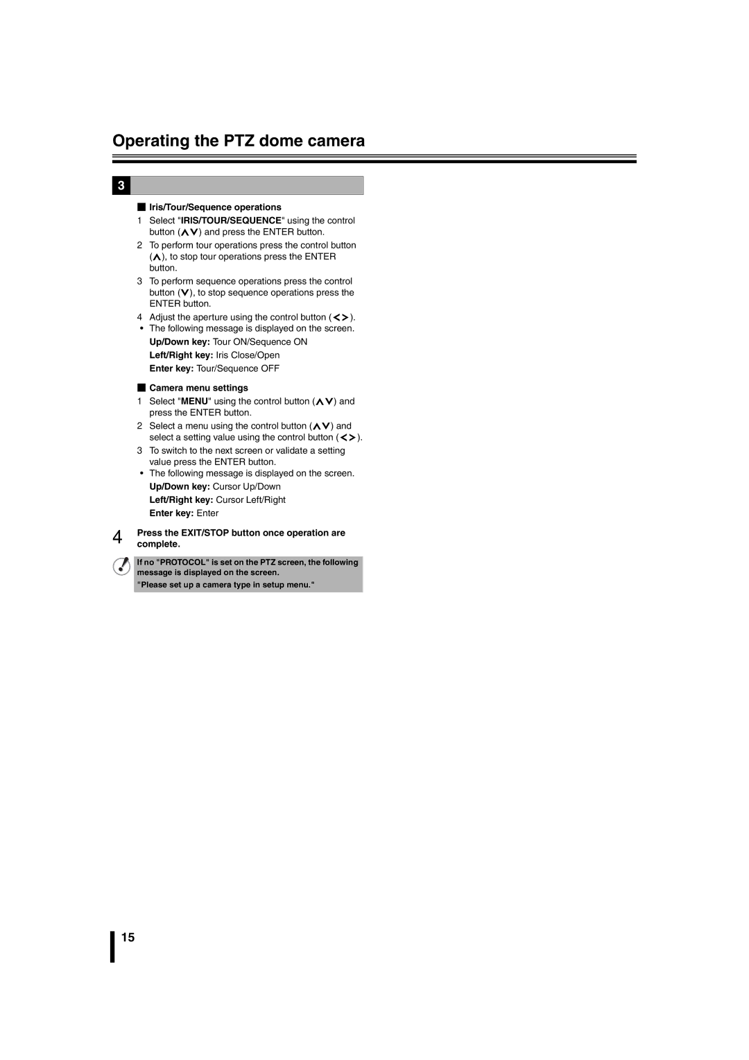 Sanyo DSR-2108 instruction manual Operating the PTZ dome camera, Iris/Tour/Sequence operations, Camera menu settings 