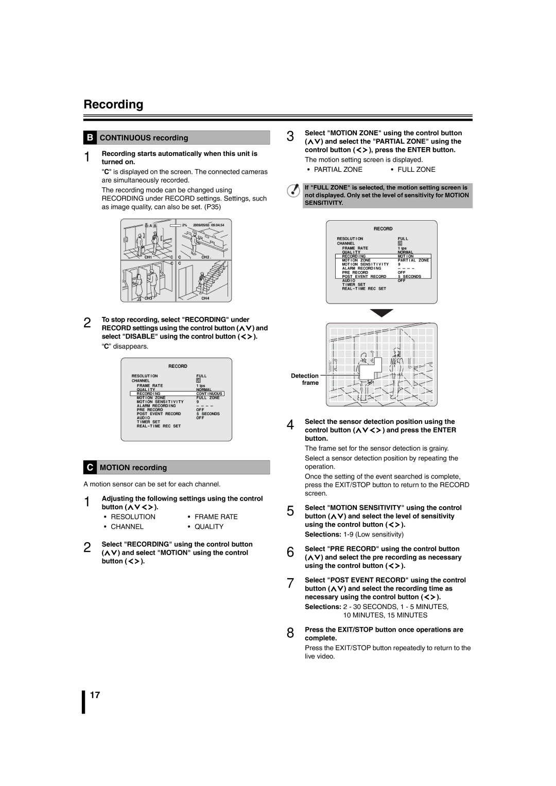 Sanyo DSR-2108 instruction manual Recording, Continuous recording, Motion recording 