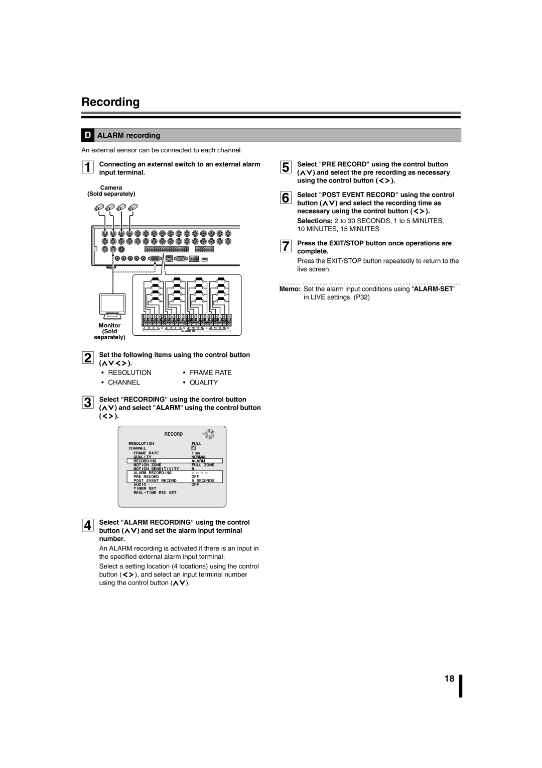 Sanyo DSR-2108 instruction manual Alarm recording, Set the following items using the control button ~ 