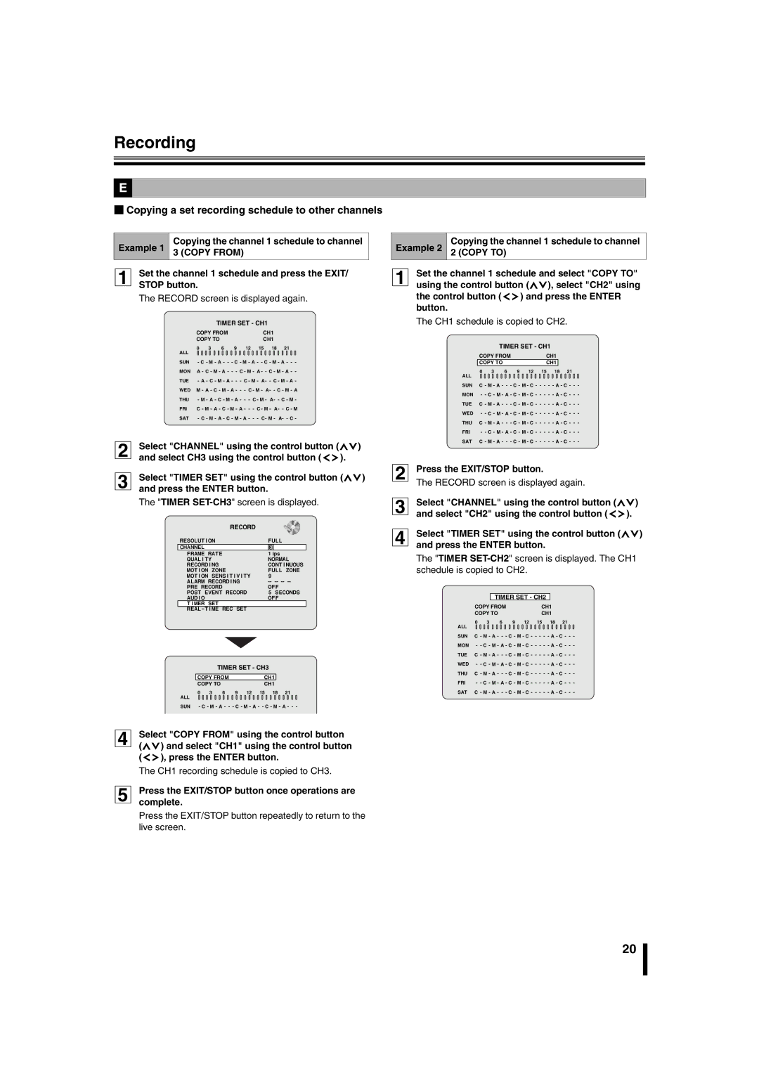 Sanyo DSR-2108 instruction manual BCopying a set recording schedule to other channels, Press the EXIT/STOP button 