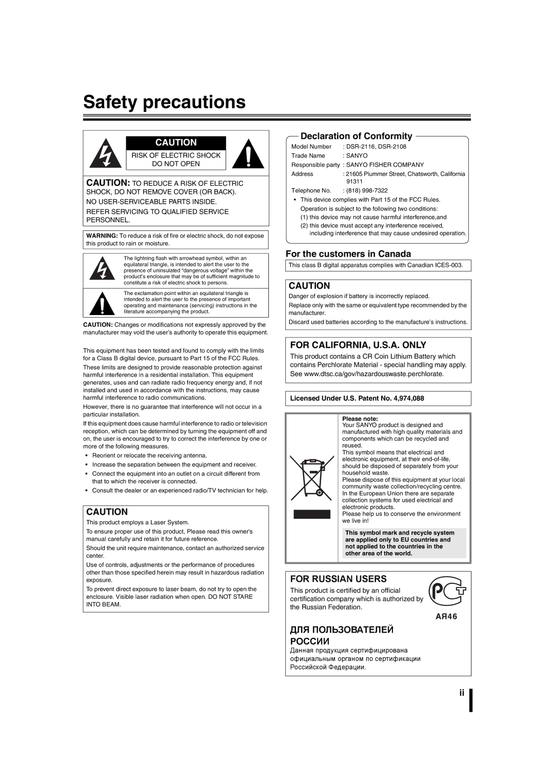 Sanyo DSR-2108 instruction manual Safety precautions, Licensed Under U.S. Patent No ,974,088 