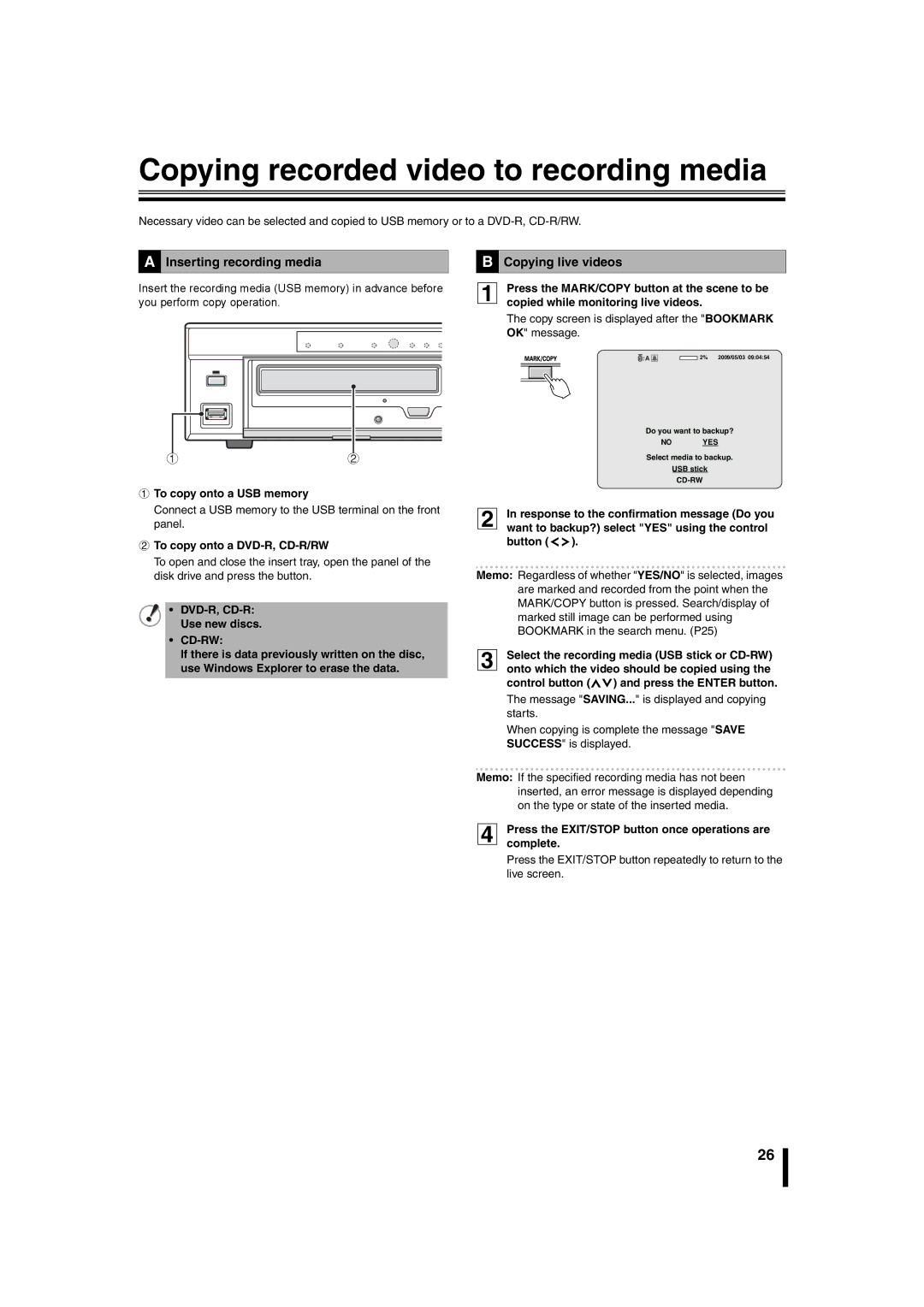 Sanyo DSR-2108 instruction manual Copying recorded video to recording media, Inserting recording media, Copying live videos 