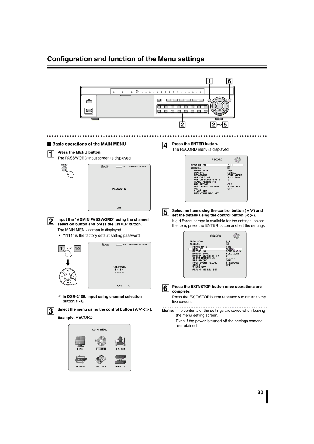 Sanyo DSR-2108 instruction manual Configuration and function of the Menu settings, BBasic operations of the Main Menu 