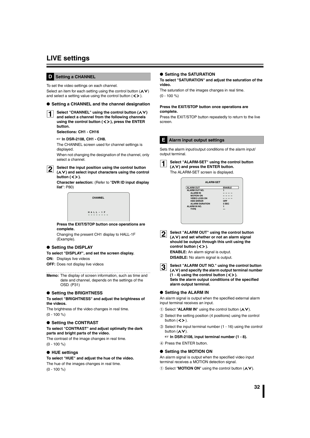 Sanyo DSR-2108 instruction manual Live settings 