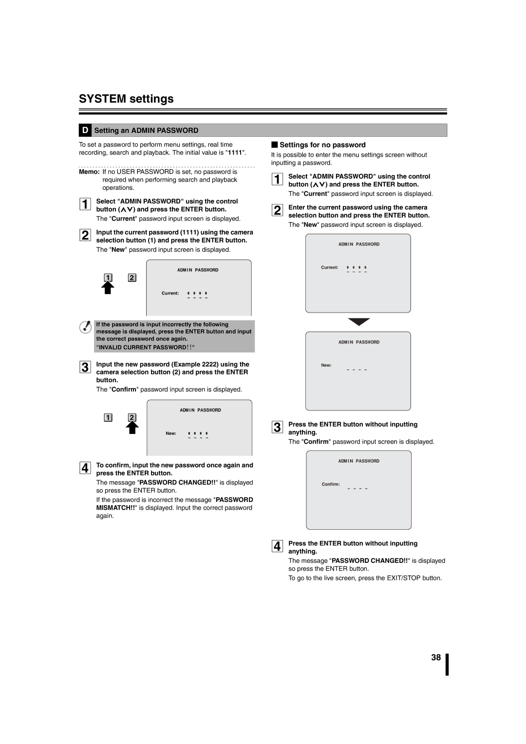 Sanyo DSR-2108 instruction manual System settings, Setting an Admin Password, BSettings for no password 