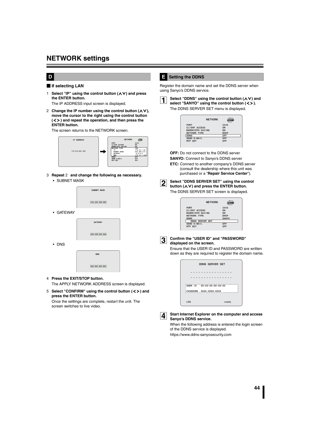 Sanyo DSR-2108 instruction manual BIf selecting LAN, Setting the Ddns, Repeat 2 and change the following as necessary 