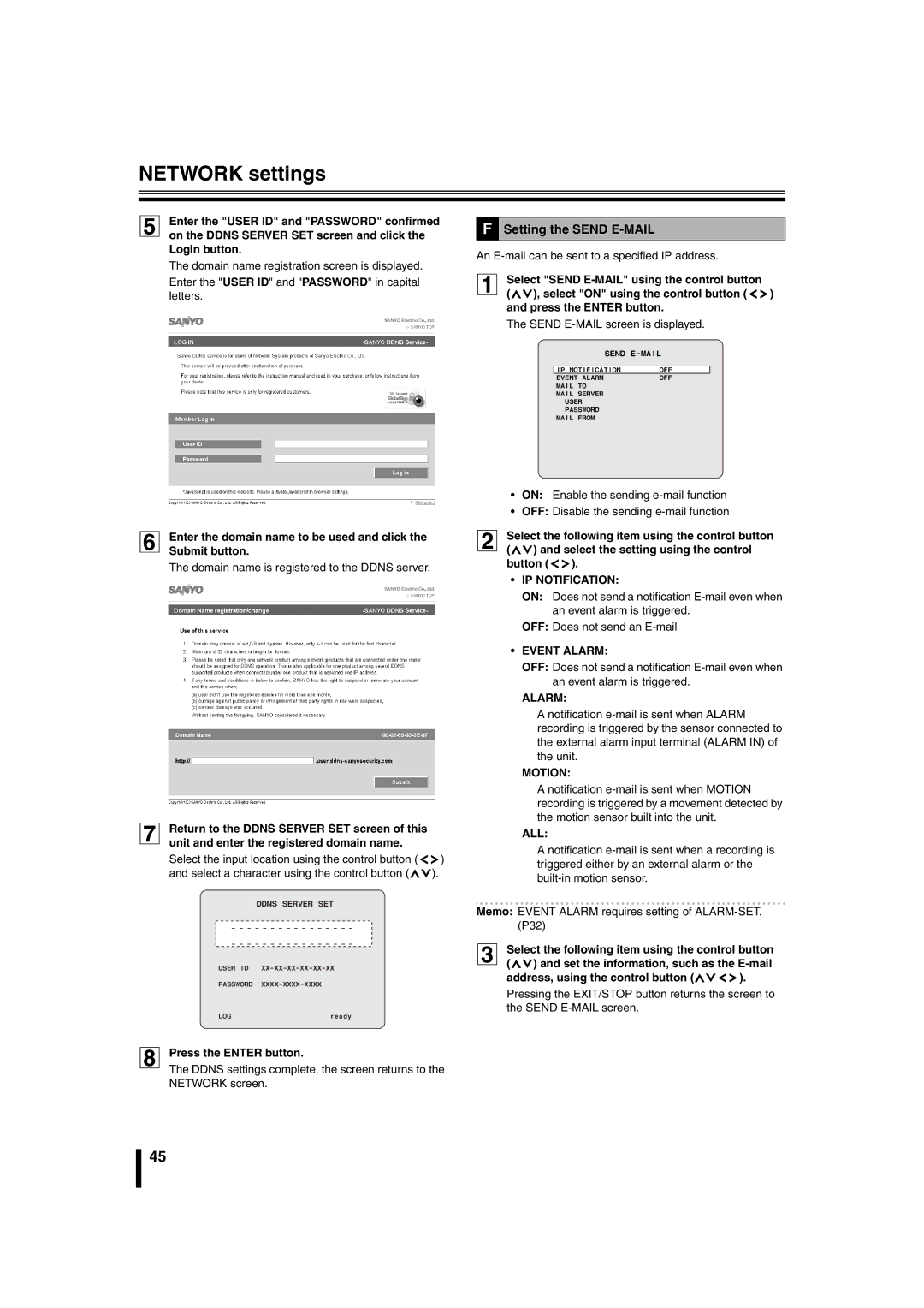 Sanyo DSR-2108 instruction manual Setting the Send E-MAIL 