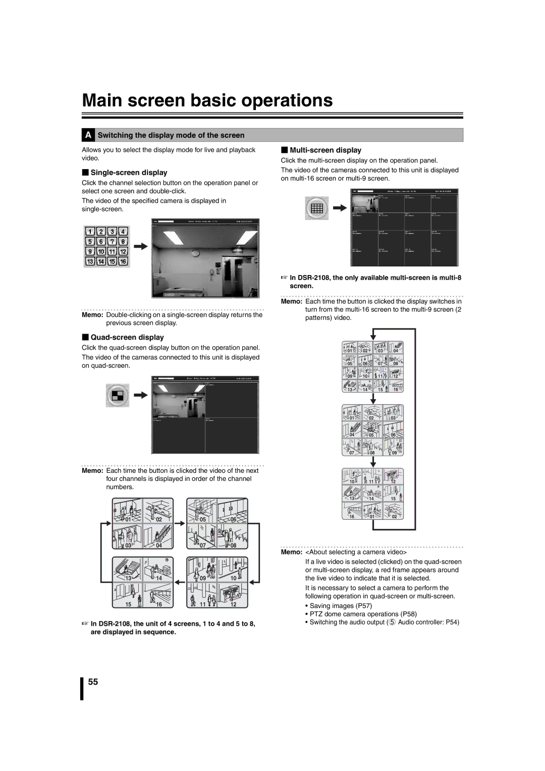 Sanyo DSR-2108 Main screen basic operations, Switching the display mode of the screen, Multi-screen display 