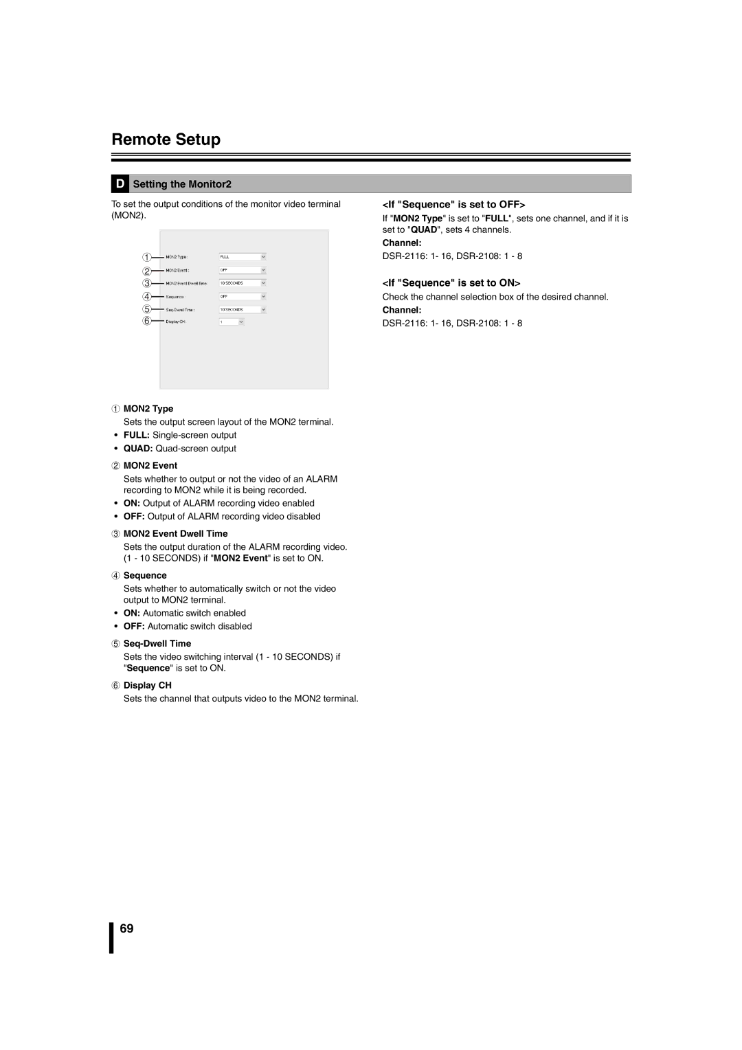 Sanyo DSR-2108 instruction manual Setting the Monitor2, If Sequence is set to OFF, If Sequence is set to on 